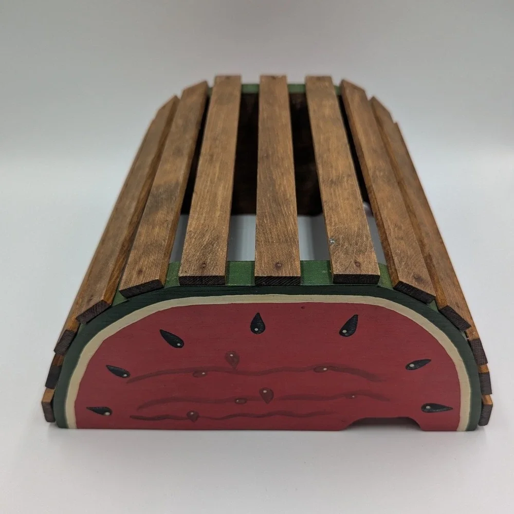 Watermelon Wood Slat Crate Red Green Hand Painted Fruit Basket Cottagecore Fruit